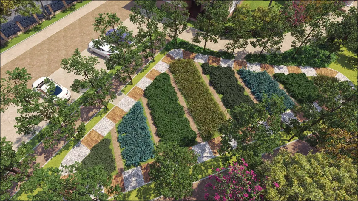 Yoga lawn surrounded by greenery